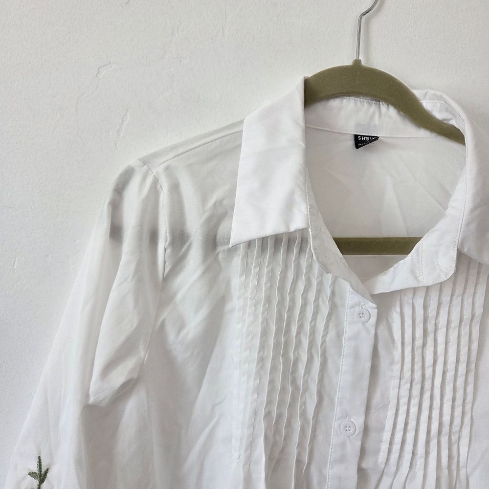 White Embroidered Tunic Blouse Pleated Summer Festival Farmers Market Boho Large - Picture 2 of 7